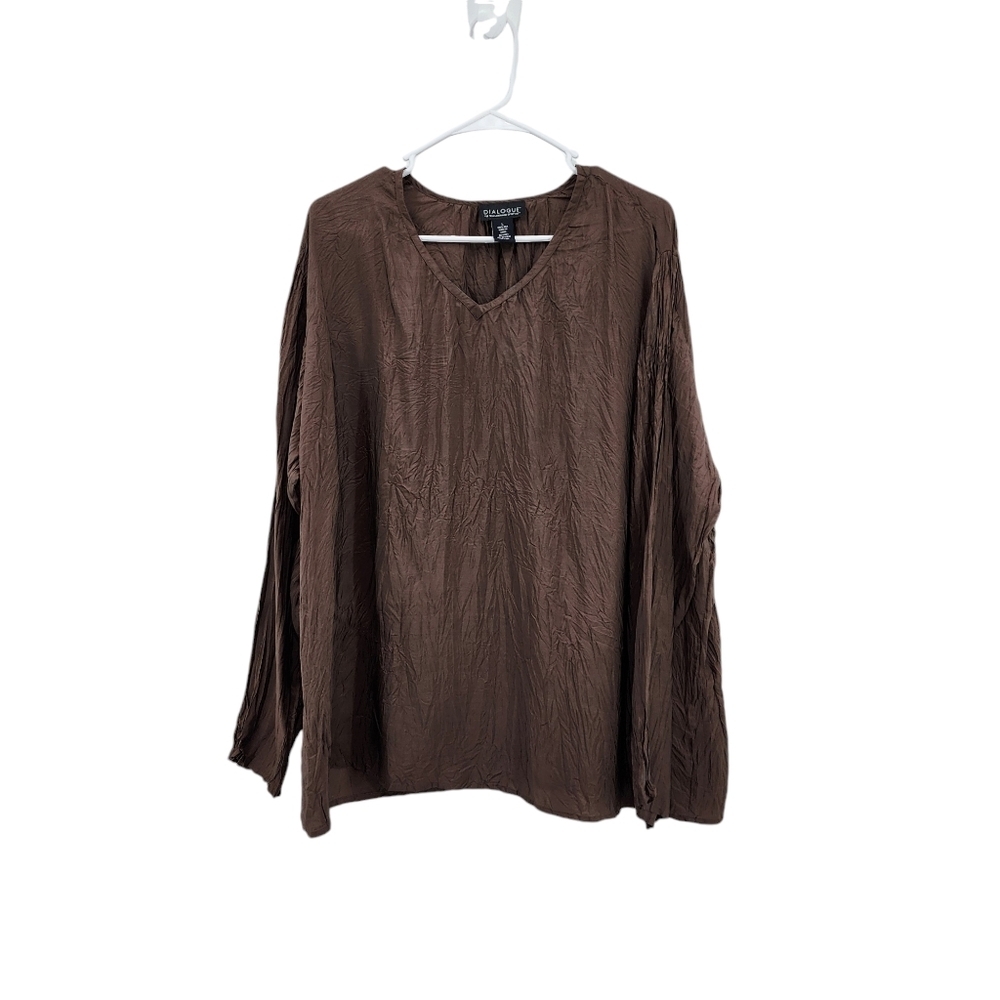 Dialogue Women's 100% Silk Crinkle Long Sleeves V-neck Top Brown- L